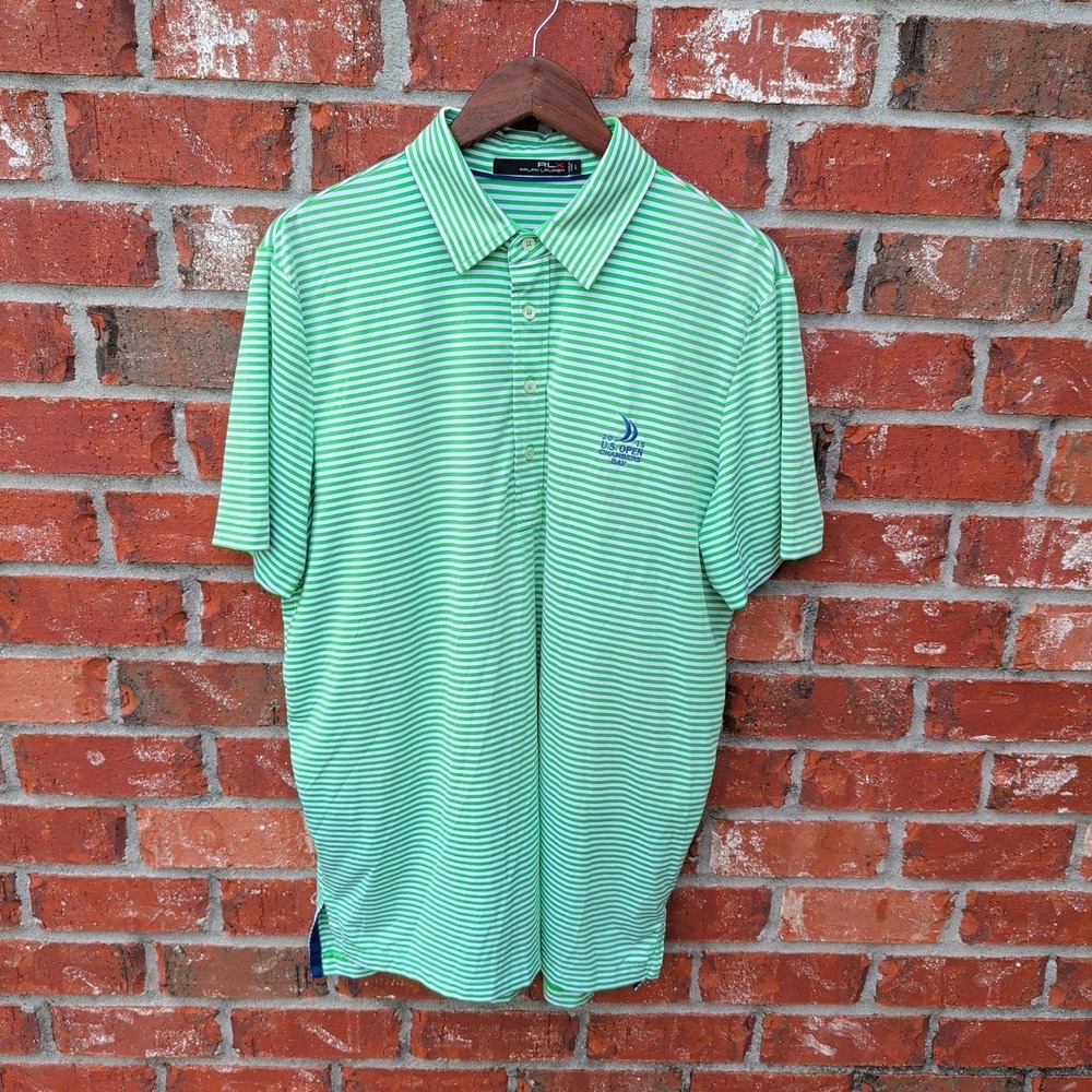 RLX Ralph Lauren Polo Shirt Mens L Green White Striped 2015 US Open Chambers Bay